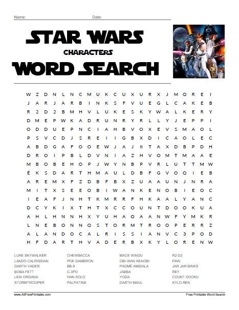 printable star wars characters word search  printable word