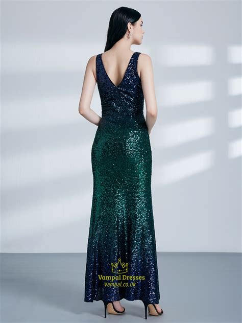 emerald green v neck sleeveless sequin long prom dress with split