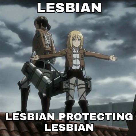 two people standing on top of a roof with the caption lesbian lesbians