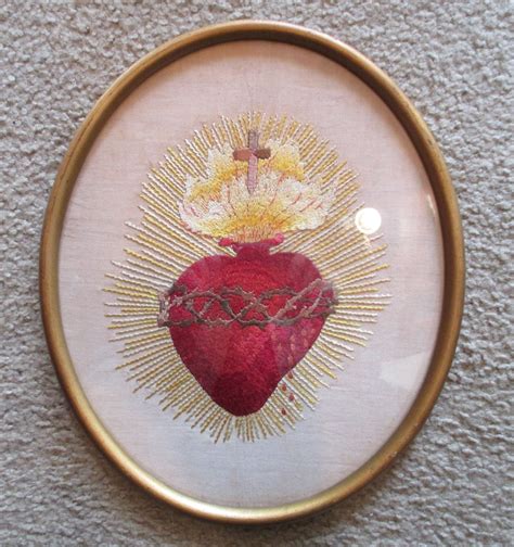 sacred heart vintage embroidered oval frame framed catholic art