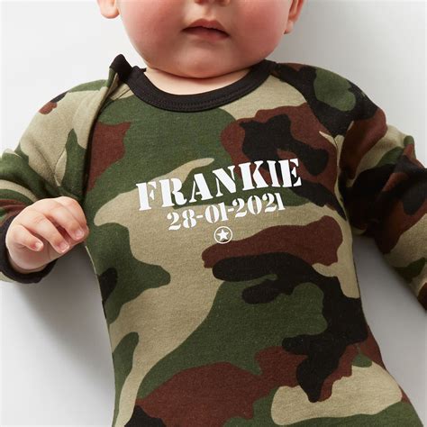 personalised baby grow  army print camo babygrow  nappy head