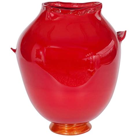 Italian Venetian Murano Glass Vase In Gold Red Color