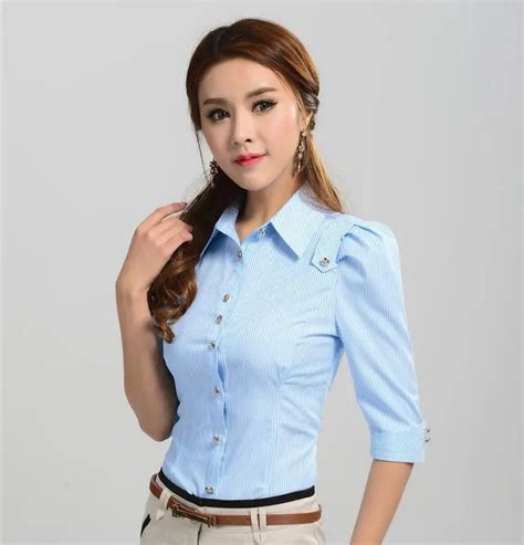 New 2015 Spring Summer Formal Shirts Women Work Blouses Stripes Cotton