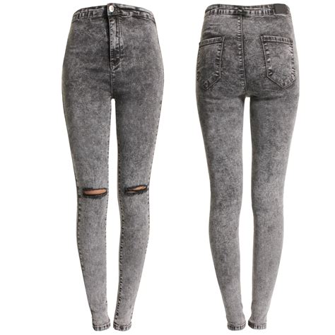 new ladies grey acid wash ripped knee skinny jeans womens high waisted