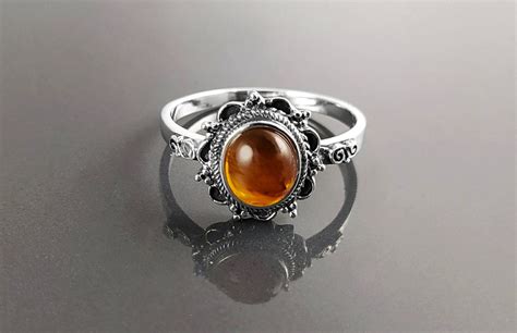 amber ring sterling silver genuine cognac color amber ring dainty stone ring midi oval ring