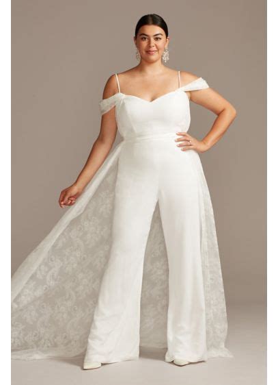 off shoulder plus size wedding jumpsuit with train david s bridal