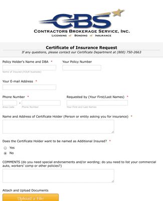 insurance certificate request form template jotform