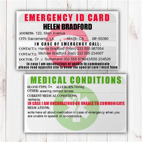 emergency contact card template professional template