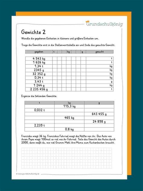 gewichte mathematikunterricht arbeitsblaetter mathe