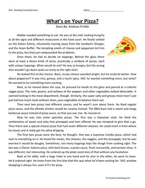 Reading Comprehension Worksheet What S On Your Pizza