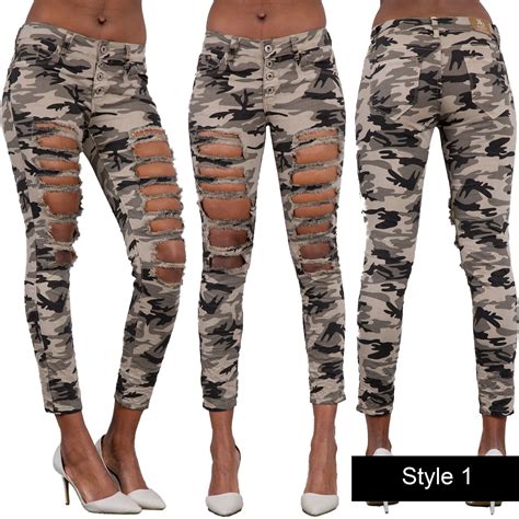 women sexy camouflage army print stretch ripped skinny jeans trousers