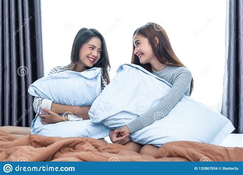 Two Asian Lesbian Looking Together In Bedroom Beauty Concept Ha Stock