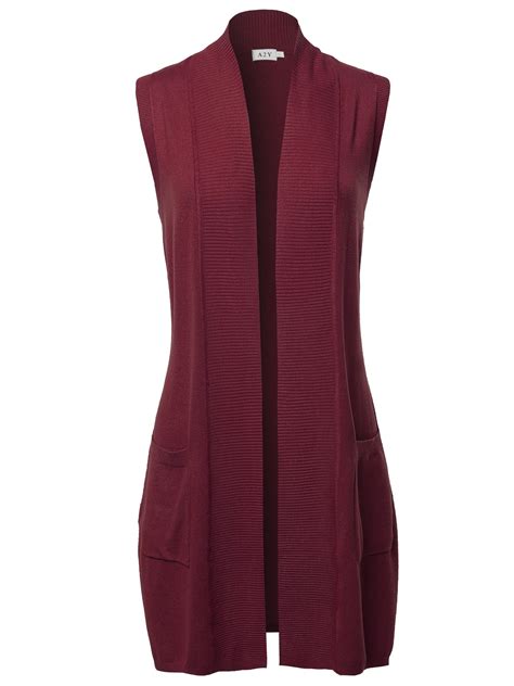 ay womens open front long sleeveless draped side pockets vest knit sweater burgundy