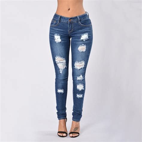 New Women Vogue Holes Ripped Frayed Skinny Jeans Pencil Denim Pants