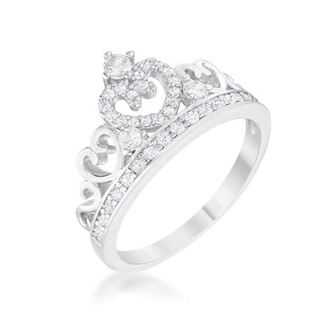 clear cubic zirconia crown ring rhodium plated sterling silver