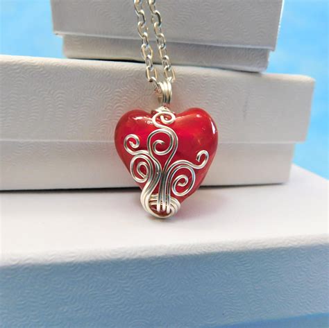 wire wrapped red heart necklace artistic handcrafted valentine pendant artisan crafted