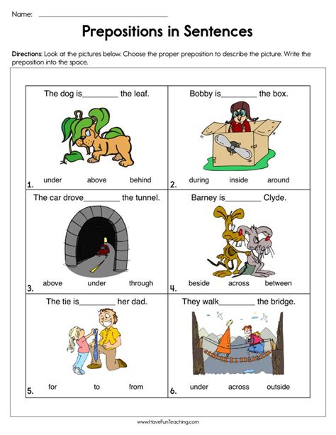 prepositions  sentences worksheet  fun teaching