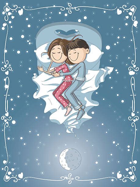 Cartoon Of The Romantic Loving Couple Sleep Bed