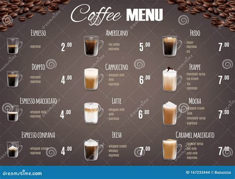 coffee drinks menu price list vector template stock vector