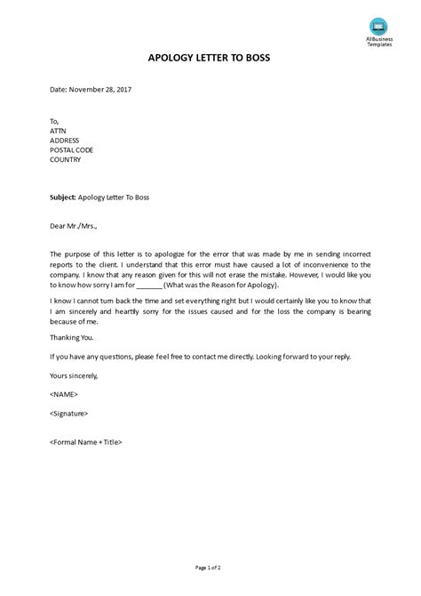 apology letter  boss templates  allbusinesstemplatescom