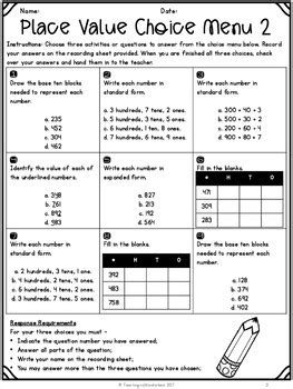 grade 3 place value choice boards by teaching in a wonderland tpt
