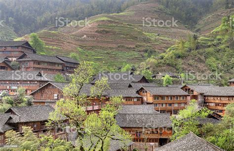 Asia Rural China Farmers House On Background Of Rice Terraces Stock