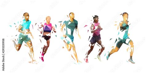 run group of running people low poly vector illustration geometric