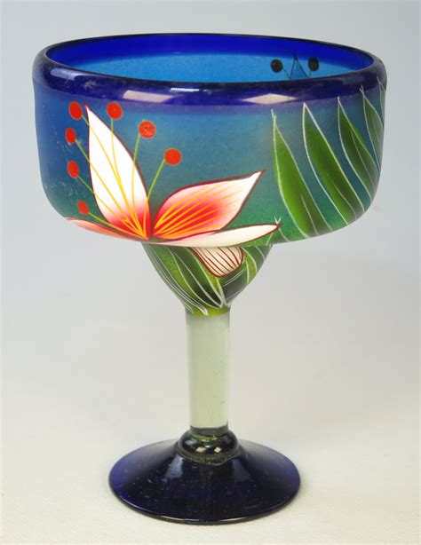 Mexican Margarita Glass 15oz Hand Painted Orchid On Blue