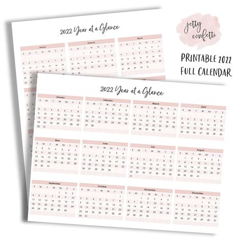 printable year   glance calendar  calendar printables