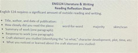 eng literature writing reading reflection sheet cheggcom