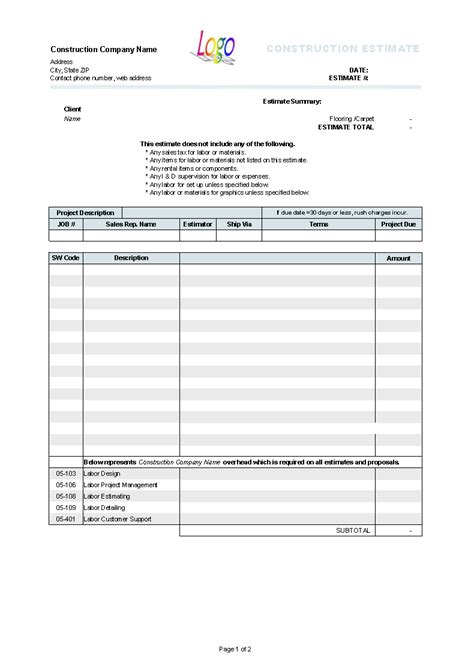 construction estimate template invoice manager  excel