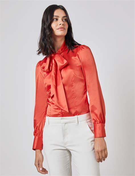 plain satin women s fitted blouse with single cuff and pussy bow in