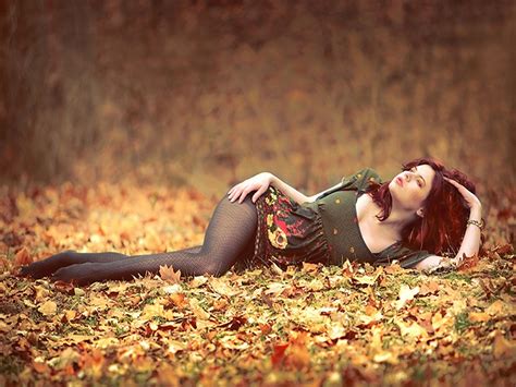 Women Autumn Dress Leaves Redheads Long Hair Outdoors