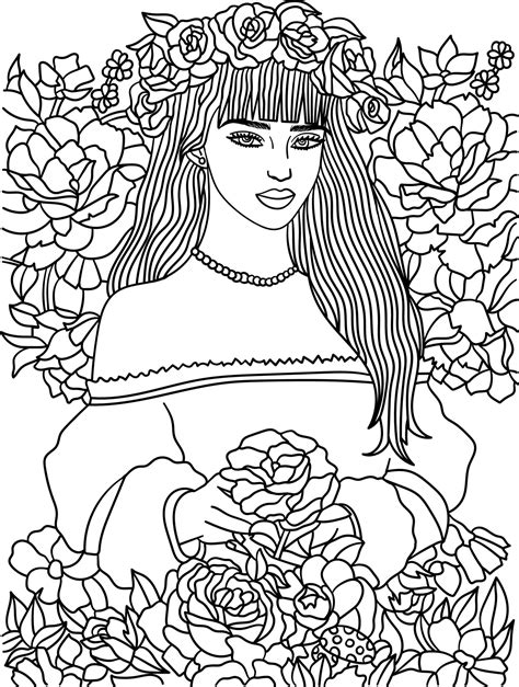 beautiful flower girl coloring page  adults  vector art