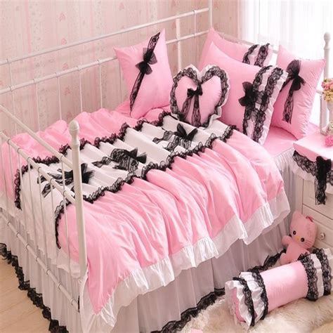 Korean Style Black Lace Bedspread Pink Princess Bedding