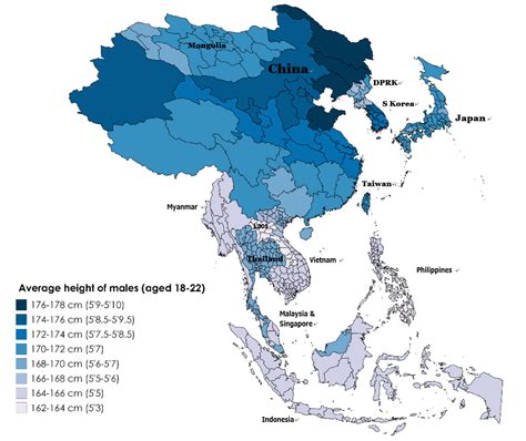 18歳～22歳のアジア男性における国別（一部地域）の平均身長マップ