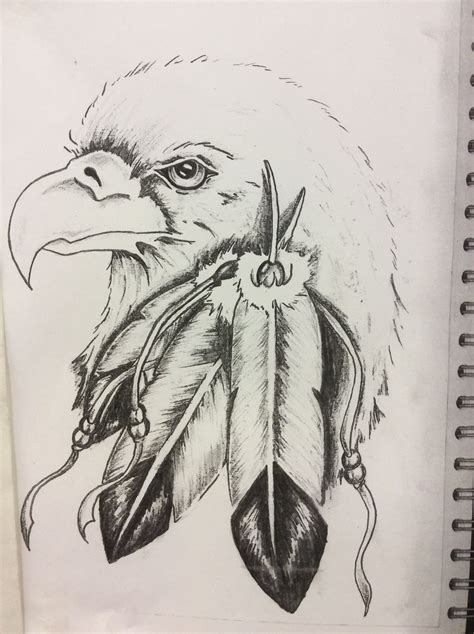 native american style eagle  feathers  beads pencil drawing