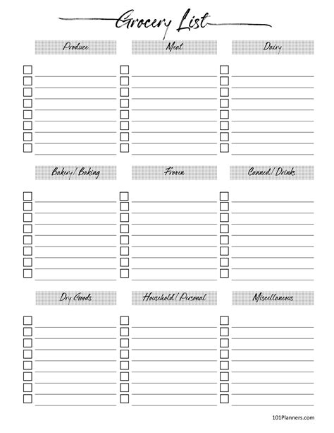 grocery list template  printable