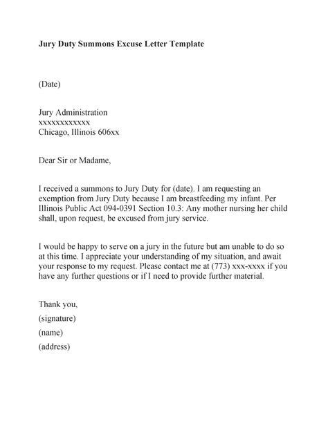 jury duty excuse letter  primary caregiver sample  letter