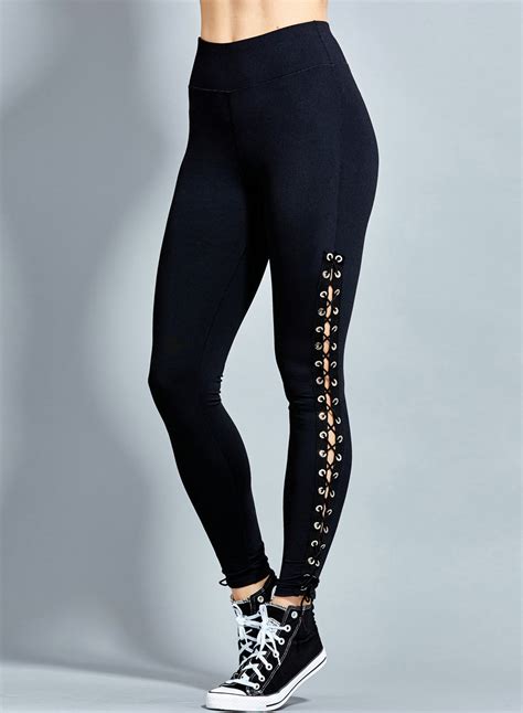 Fashion Sexy Slim Lace Up Hollow Out Solid Sports Leggings