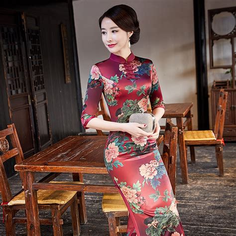new vintage print floral traditional chinese women dress satin sexy