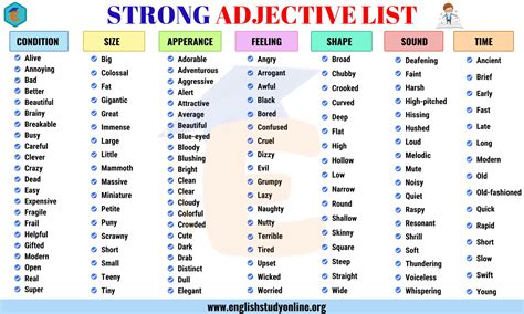strong adjectives list   extreme adjectives  esl learners english study