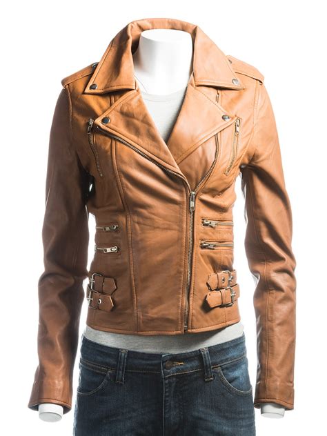 Ladies Tan Biker Style Leather Jacket Women Jacket