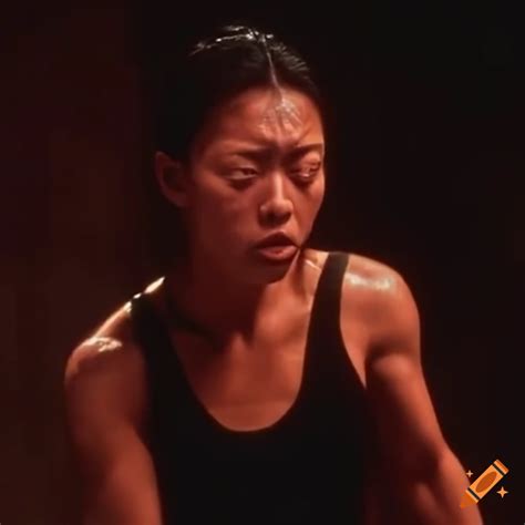 asian american woman tournament fighter with bruised face and closed