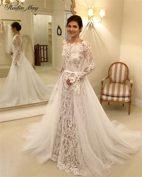 Vintage Lace Mermaid Long Sleeves Wedding Dress With Detachable Train