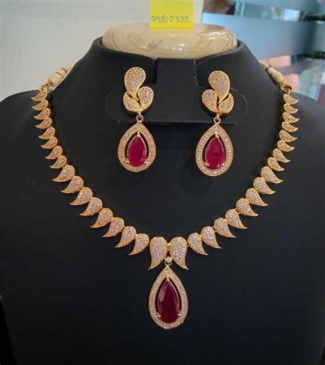 gold plated designer ruby necklace set south india jewels