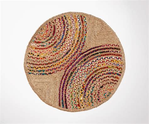 tapis rond cm jute naturel  coton multicolors style boheme