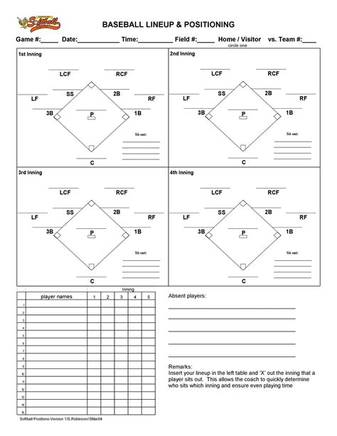 baseball lineup sheet  printable printable templates