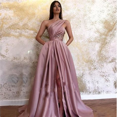 dusty rose satin prom dress girls long 2021 one shoulder sexy side