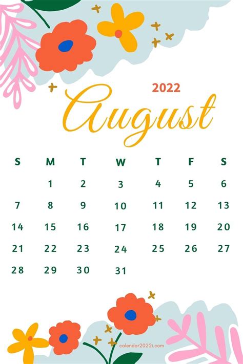 floral august  calendar  beautiful flowers printable calendar